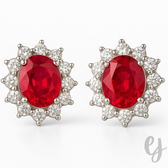 Ruby Red Oval Stud Earrings with Crystal Halo in Silver Tone - Picture 1 of 7
